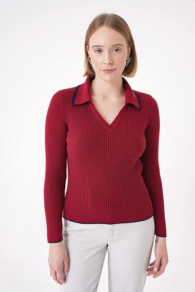 CHUBA Women's Soft Textured Stripe Detailed Ribbed Polo Collar Knitwear Sweater Red-Navy 25W3009