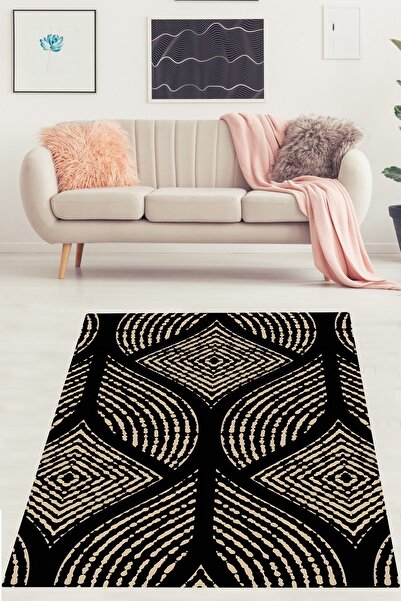 on the clouds Modern Geometrik Çizgiler Yapraklı Karolu Yıkanabilir Kaymaz Ta...