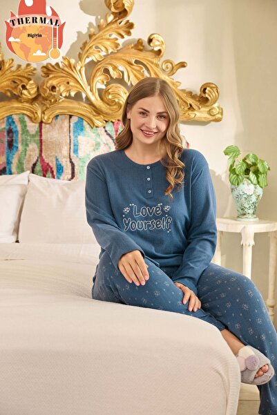 bigiyin Büyük Beden Kadın Pijama Takım Thermal Kadın Pijama Takımı Kışlık Pijama Takımı