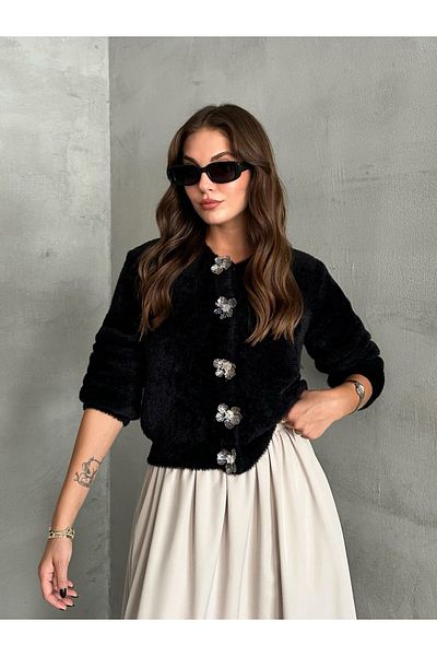 Laluvia Schwarzer, mit Flora-Blumen geknöpfter, weicher Cardigan-4349