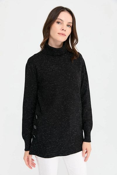 Desen Triko Pulover negru pentru femei, fără cusături, cu gât roscat - 23391