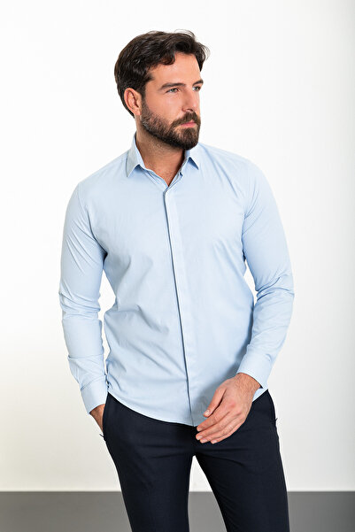 Mcr Κλασικό ανδρικό πουκάμισο με μοτίβο Slim Fit με κρυφά κουμπιά μπλε - 37456.21K