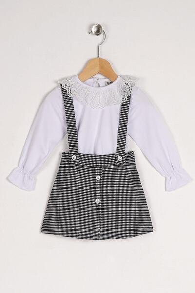 zepkids Crew Neck Long Sleeve Crew Neck Lace Long Latex Sleeve Black and White Color Girl's Two-Piece Set