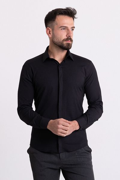 Mcr Мъжка риза Slim Fit с черна принтирана кройка и скрити копчета