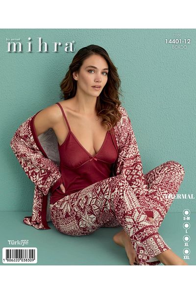 Mihra 14401-12 Claret Red Snowflake Ethnic Patterned Thermal 3-Piece Pajama Set