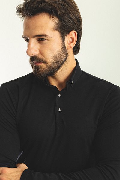 Mcr Solid Black Color Slim Fit Polo Neck Long Sleeve Men's T-Shirt