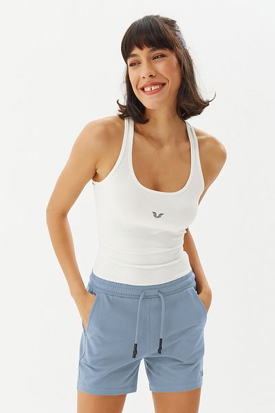 bilcee Pantaloni scurți de zi cu zi și sport pentru femei, 100% bumbac, cu imprimeu albastru, cu buzunare 0102