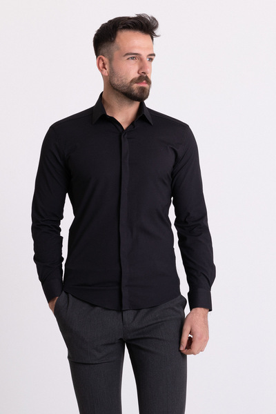 Mcr Κλασικό ανδρικό πουκάμισο με μοτίβο Slim Fit με κρυφά κουμπιά μαύρο - 37456.21K