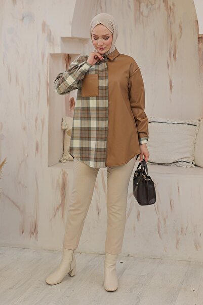 Armine TREND Gömlek Yaka Gizli Düğmeli Tunik Taba 24KT405