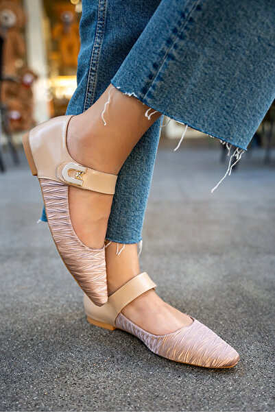 LAMİNTA Shuffle Skin Satin Velcro Women's Ballerinas with Butterfly Accessory Detail