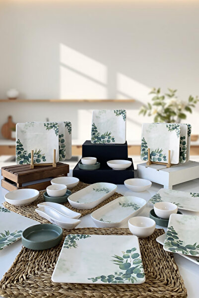 Keramika Yeşil  Çiçek Desenli Kahvaltı Takımı 12 Kişilik 28 Parça