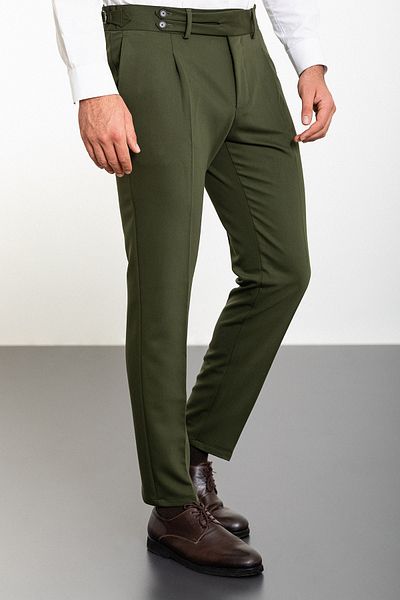 Mcr Straight Super Slim Fit Pleated Belt Detailed Buckle Men's Trousers Khaki - 38228.23K