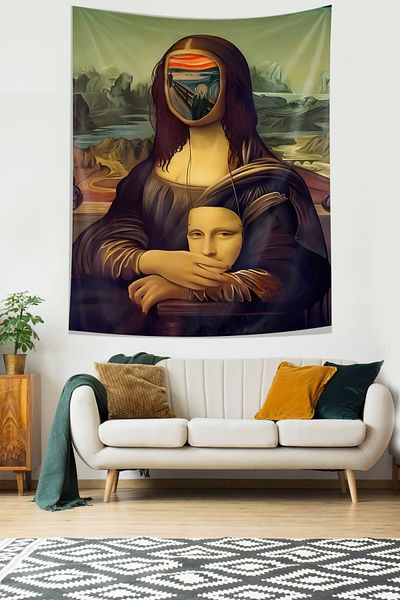 on the clouds Pictura Mona Lisa Scream - Țesătură rezistentă la pete - Acoperire de perete - Covor de perete - Tapiserie