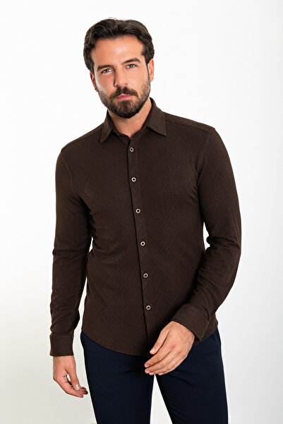Mcr Ανδρικό πουκάμισο με σχέδια Slim Fit καφέ - 37839.23K
