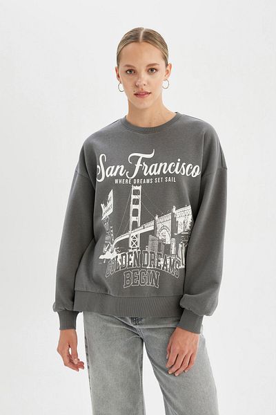 DeFacto Loose Fit Crew Neck Printed Thick Fabric Sweatshirt