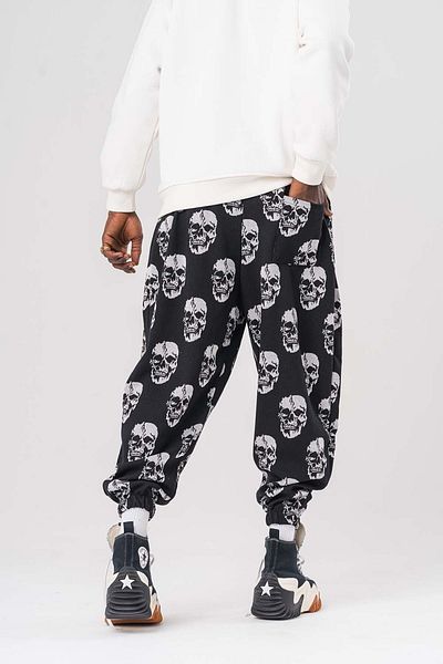 go gang own Skull Elastic Waist and Leg Pleated Baggy Shalwar