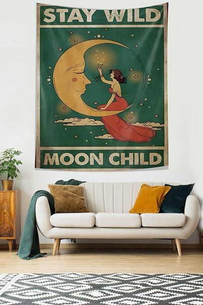on the clouds Stay Wild Moon Child Tapestry for Young Woman - Stain Resistant Fabric Wall Carpet Sitting on the Moon