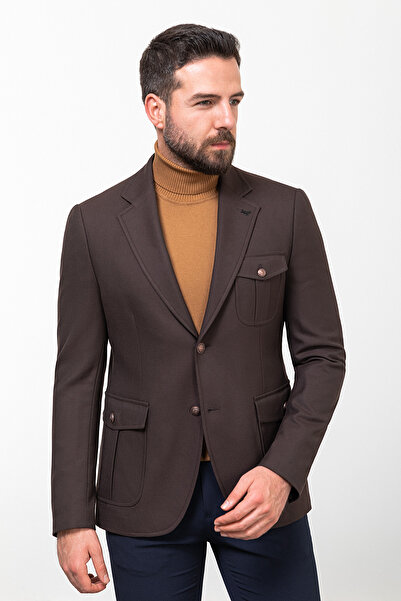 Mcr Plain Brown Slim Fit Mono Collar Bag Pocket Men's Jacket