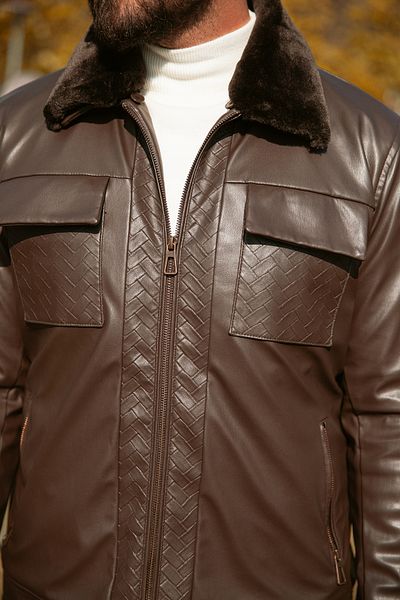 Mcr Patterned Slim Fit Fur Collar Faux Leather Men's Coat Brown - 39596.23K