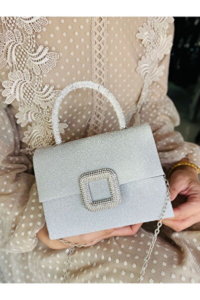 Çanta Trend Γυναικεία βραδινή τσάντα φορέματος από σατέν ύφασμα – Πόρπη με κρυστάλλινη πέτρα - Μακρύ λουράκι αλυσίδας