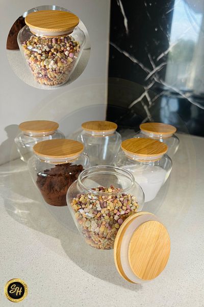 Snow Homs Set of 6 Wooden Vacuum Lid Glass Jars - Sugar Bowl, Snack Bowl, Seasoning Bowl and Storage Container 170ml