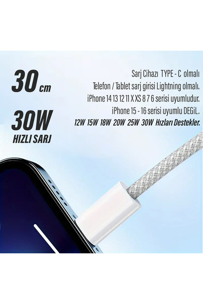 EXENAR Kısa 30cm iPhone Şarj Kablosu TYPE C Lightning HIZLI iPhone 14 13 12 11 Uyumlu