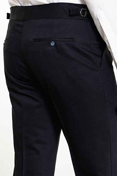 Mcr Straight Super Slim Fit Pleated Belt Detailed Buckle Men's Trousers Navy Blue - 38228.23K