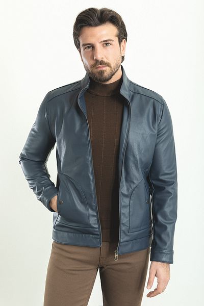 Mcr Straight Slim Fit Judge Collar Faux Leather Men's Coat Navy Blue - 39579.22K