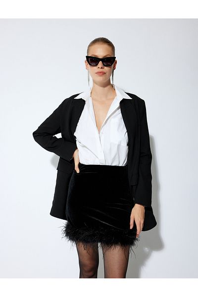 Koton Rochie de seara Fusta Mini catifea Detaliu pene Slim Fit