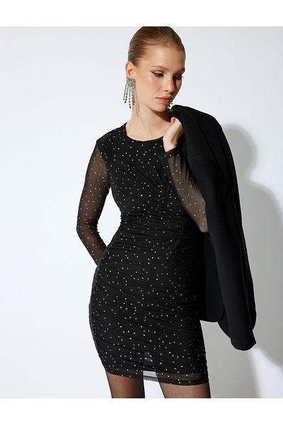 Koton Polka DoT Mni Tüllkleid – Lange Ärmel, drapierter Rundhalsausschnitt