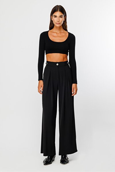 Moda İlgi Modailgi  Kemeri Apoletli Yandan Cepli Plikaşeli Pantolon - 7069 Siyah