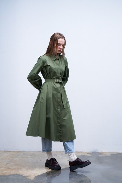 QANU Volanlı Trençkot Yeşil