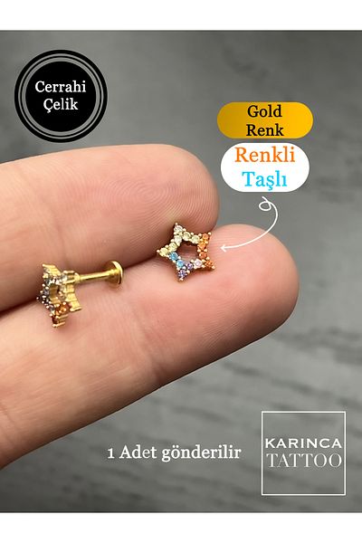 Karınca Piercing Star Colored Rhinestone Piercing - Tragus Forward Helix Conch Flat Ear Earrings