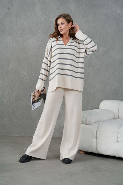minaaise Women's Gray Striped Top V-Neck Bottom-Top Knitwear Set 26051