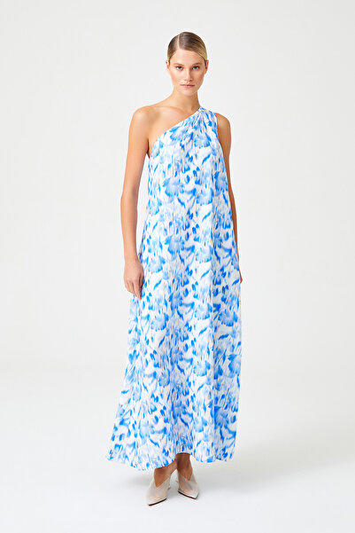 Jus De Pommes BEYAZ MAVİ ÇİÇEKLİ TEK OMUZ UZUN ELBİSE