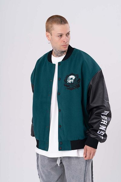 go gang own Μην εγκαταλείπετε το Bomber Jacket με δερμάτινο μανίκι και λεπτομέρεια κεντήματος