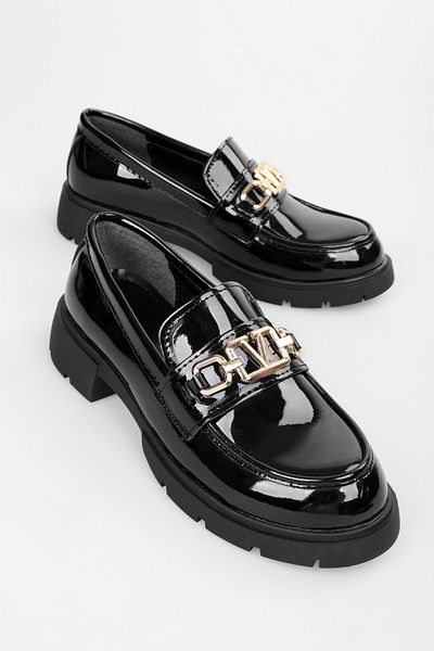 Shoeberry Women's Alto Black Patent Leather Buckle Detailed Loafer
