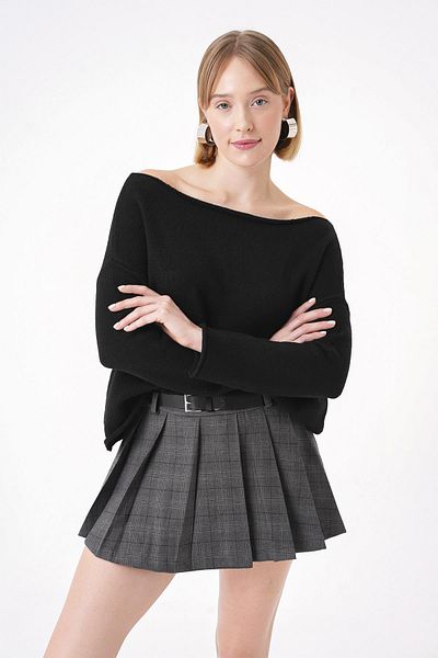 CHUBA Soft Textured Black Knitwear Sweater - Comfortable Fit, Boat Neck 25W3015