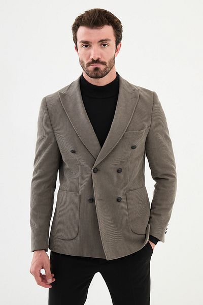 Mcr Striped Slim Fit Wide Collar Double Breasted Velvet Men's Jacket Mink - 40399.24K