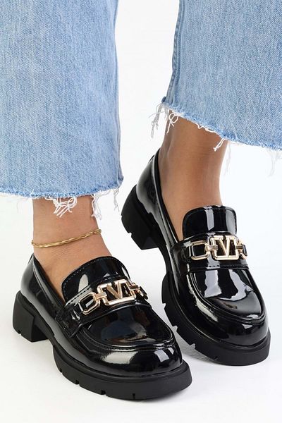 Shoeberry Women's Alto Black Patent Leather Buckle Detailed Loafer