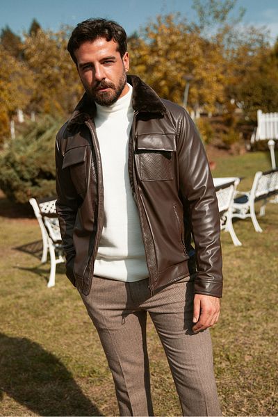Mcr Patterned Slim Fit Fur Collar Faux Leather Men's Coat Brown - 39596.23K