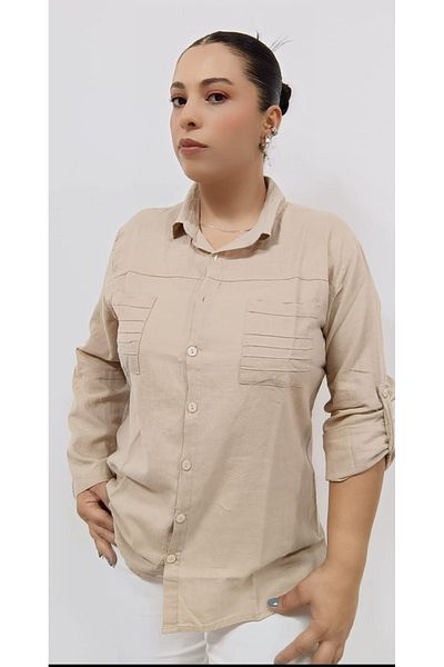 AKŞEN GİYİM Plus Size - 100% βαμβακερό λινό, διπλή τσέπη, πουκάμισο με πτυσσόμενο γιακά