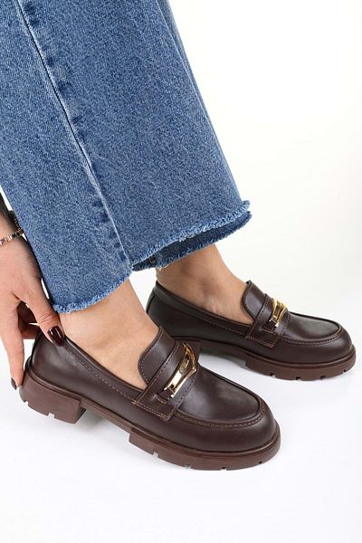 Shoeberry Women's Glide Brown Skin Buckle Detailed Loafer