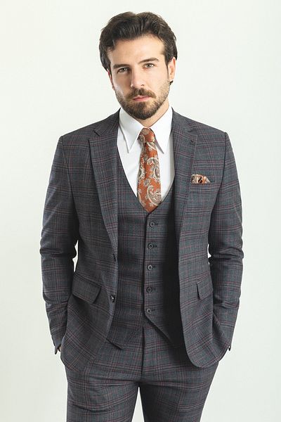 Mcr Plaid Slim Fit Mono Collar Men's Suit Black-Burgundy - 45180.22K