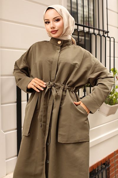 benguen Καμπαρντίνα 2171 Model Khaki - Λεπτομέρεια με κουμπιά και γιακά με ζώνη