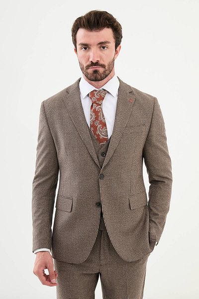 Mcr Check Slim Fit Mono Collar Men's Suit Beige - 45354.24K