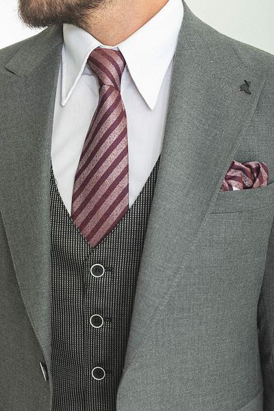 Mcr Plain Anthracite Slim Fit Wide Collar Combination Wool Men's Suit