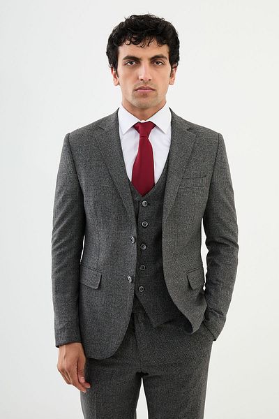 Mcr Plaid Slim Fit Mono Collar Men's Suit Black - 45360.24K