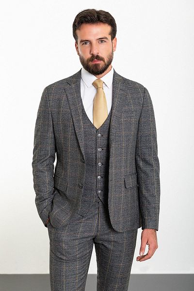 Mcr Plaid Slim Fit Mono Collar Men's Suit Black - 45291.23K