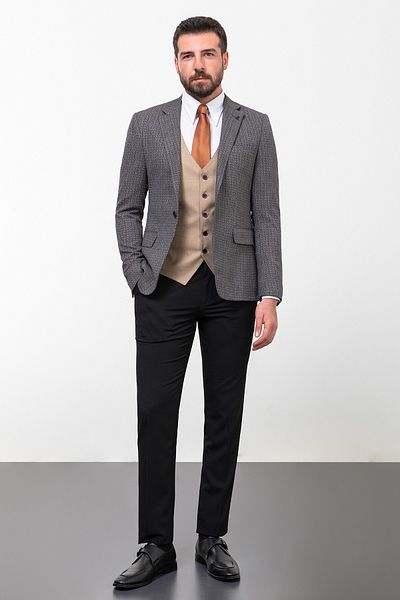 Mcr Patterned Slim Fit Mono Collar Combination Wool Men's Suit Black - 45261.23K